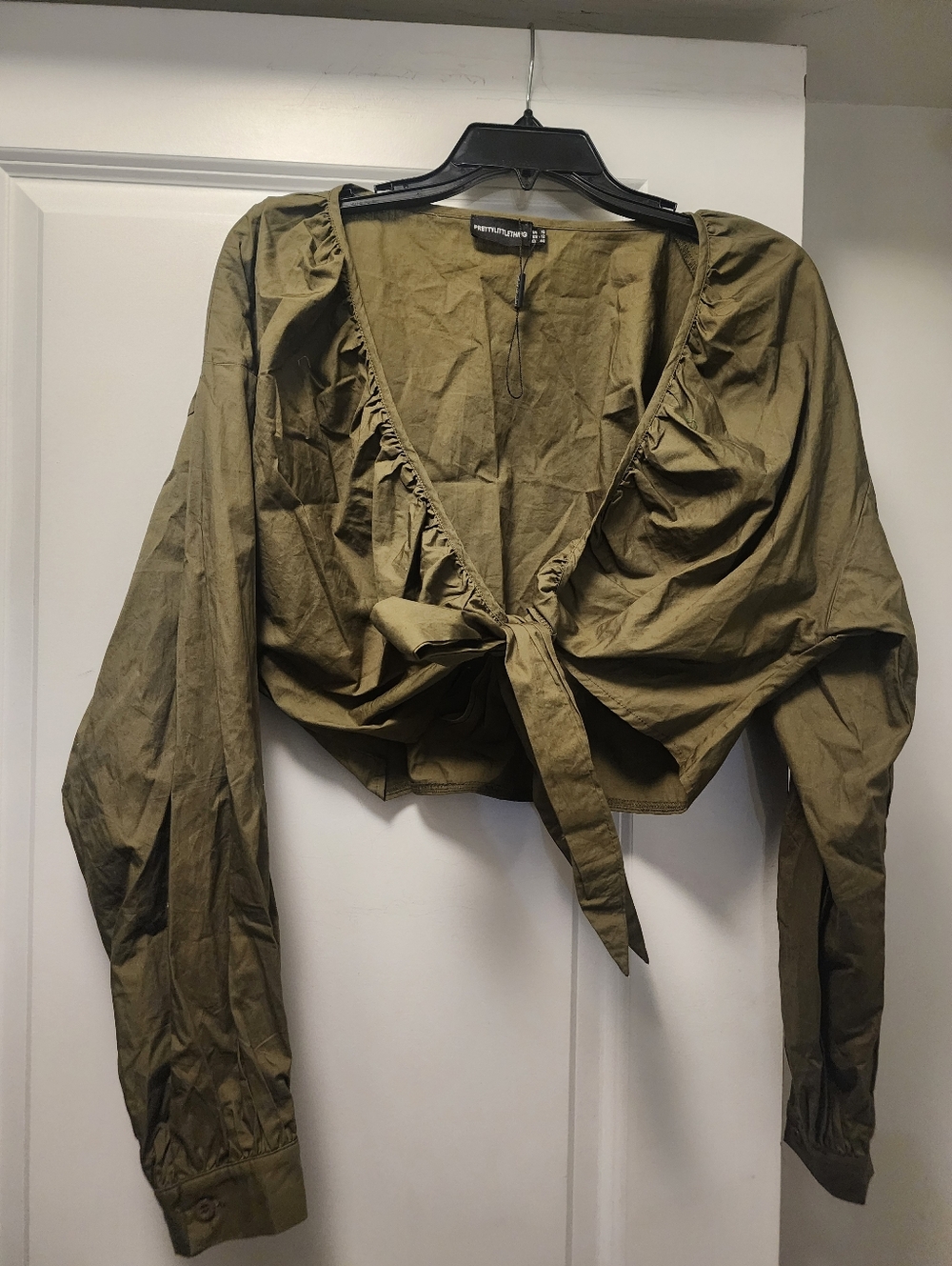 Faux-Wrap Olive Green Tie-Front Blouse